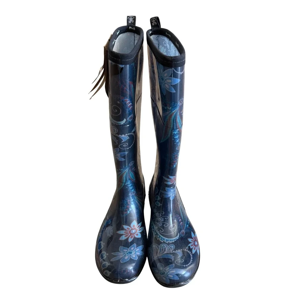 NWT Kamik Womens Blue Paisley Floral Waterproof Tall Rain Boots‎ Size 6